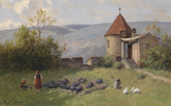 Gemusegarten mit zwei Hasen by August Splitgerber